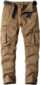 Men's Casual Pants Loose Straight Multi Pocket Outdoor Work Cotton Trousers (Color: Khaki, size: S)