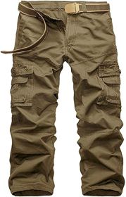 Men's Casual Cargo Trousers Work Autumn Slim-fit Work Pant with Pockets (Color: Khaki, size: 34)
